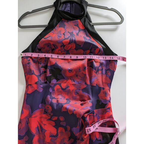 Karen Millen Dress Halter Floral Satin Cocktail Purple Red Black Designer Size 6 - Picture 11 of 13